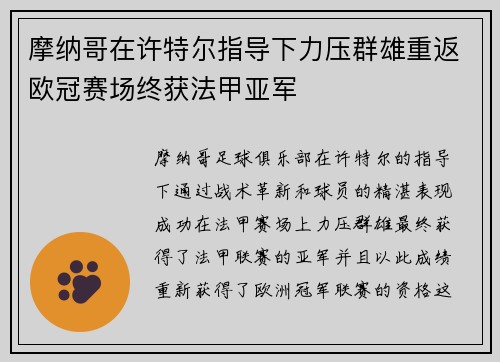 摩纳哥在许特尔指导下力压群雄重返欧冠赛场终获法甲亚军