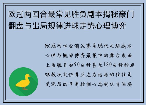 欧冠两回合最常见胜负剧本揭秘豪门翻盘与出局规律进球走势心理博弈