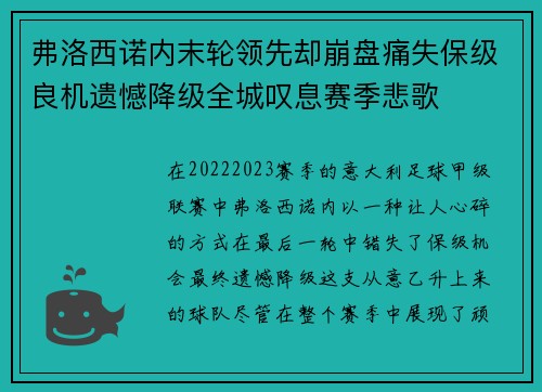弗洛西诺内末轮领先却崩盘痛失保级良机遗憾降级全城叹息赛季悲歌